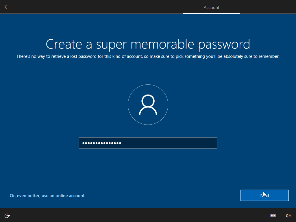 Password prompt during Windows 10 setup with artificial and not obvious 15 character length limit.