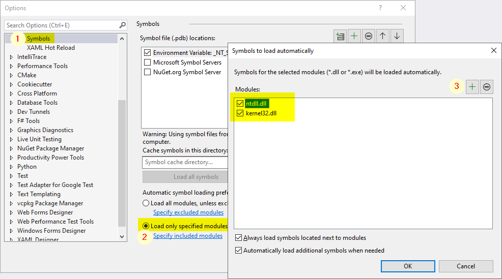 Dialog: Symbols to load automatically with Visual Studio Options dialog in background